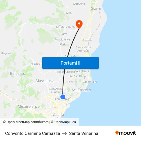 Convento Carmine Carnazza to Santa Venerina map
