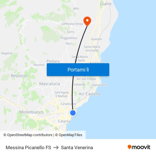 Messina Picanello FS to Santa Venerina map