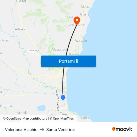 Valeriana Vischio to Santa Venerina map