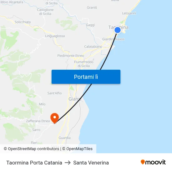 Taormina Porta Catania to Santa Venerina map