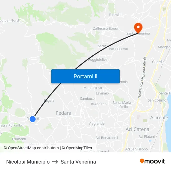 Nicolosi Municipio to Santa Venerina map
