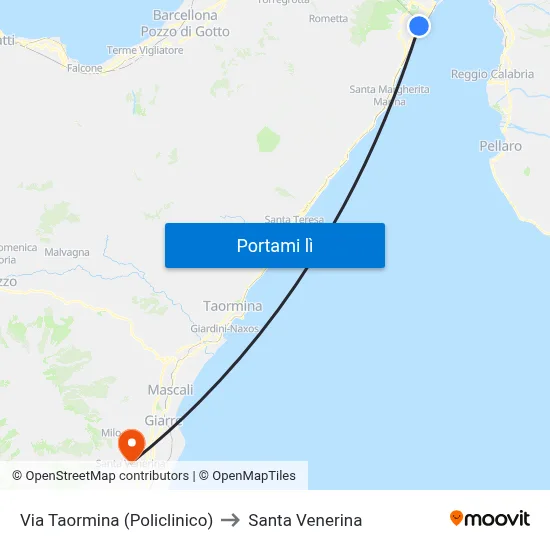 Via Taormina (Policlinico) to Santa Venerina map