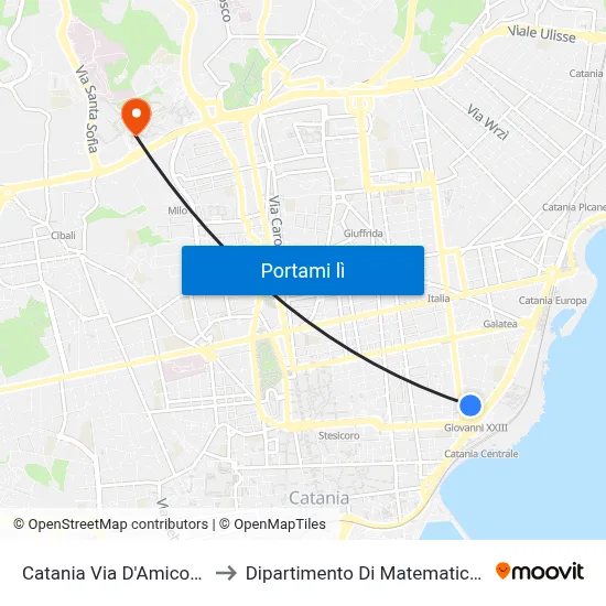 Catania Via D'Amico Bus Station to Dipartimento Di Matematica E Informatica map