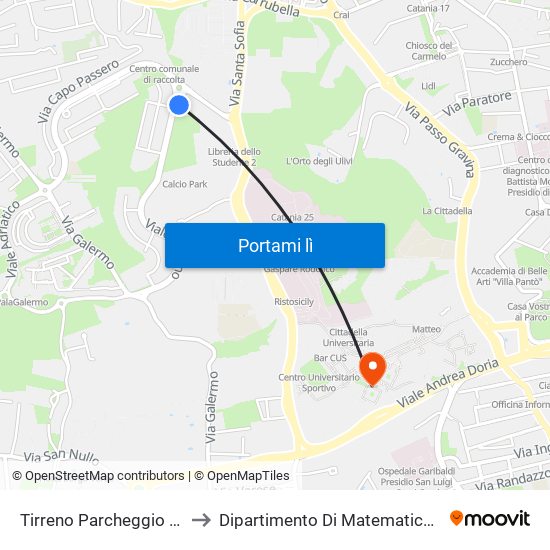 Tirreno Parcheggio Santa Sofia to Dipartimento Di Matematica E Informatica map