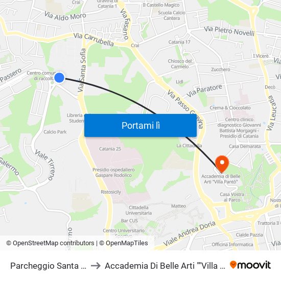 Parcheggio Santa Sofia to Accademia Di Belle Arti ""Villa Pantò"" map