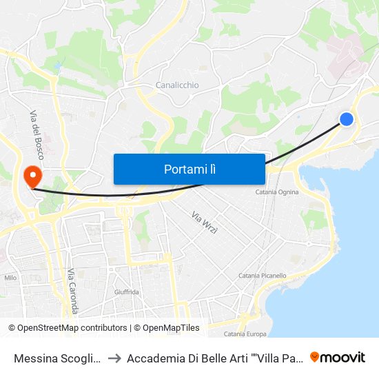 Messina Scogliera to Accademia Di Belle Arti ""Villa Pantò"" map