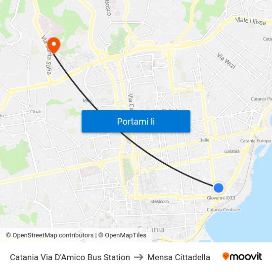Catania Via D'Amico Bus Station to Mensa Cittadella map