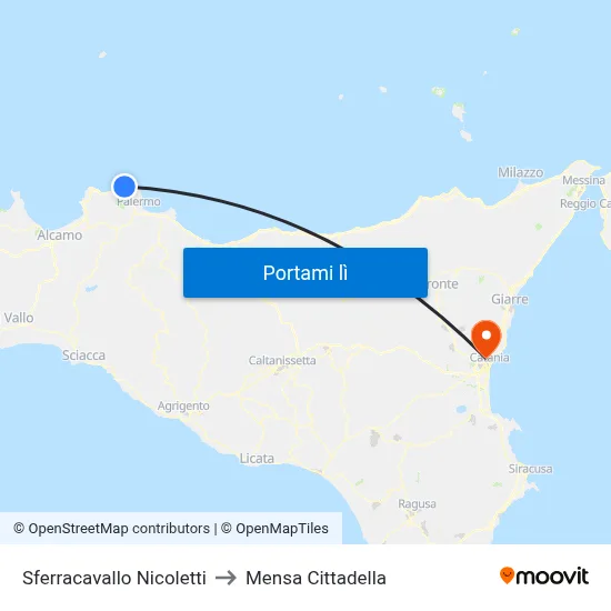 Sferracavallo Nicoletti to Mensa Cittadella map