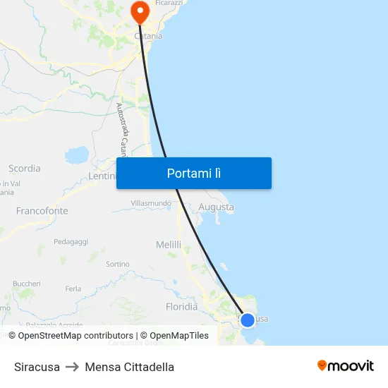 Siracusa to Mensa Cittadella map