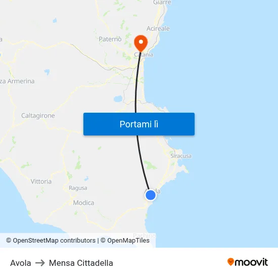 Avola to Mensa Cittadella map