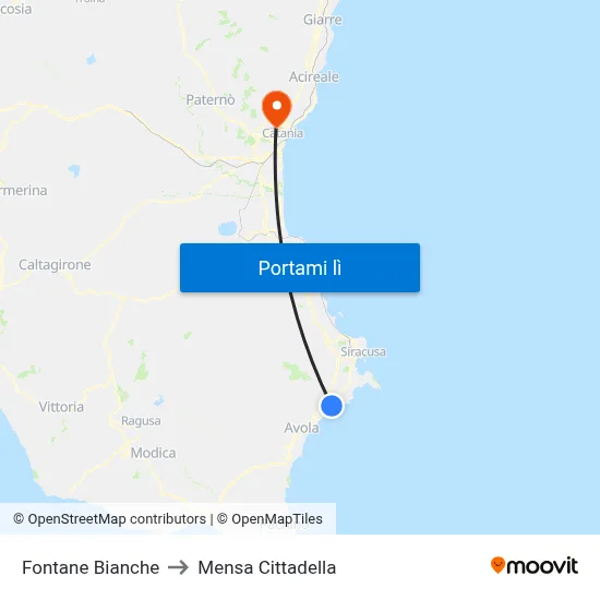 Fontane Bianche to Mensa Cittadella map
