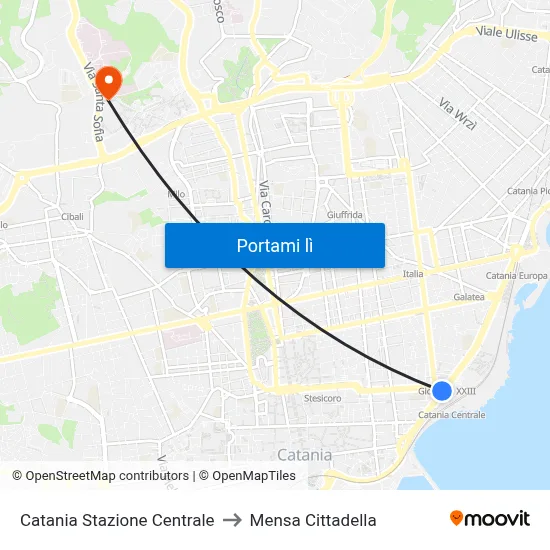 Catania Stazione Centrale to Mensa Cittadella map