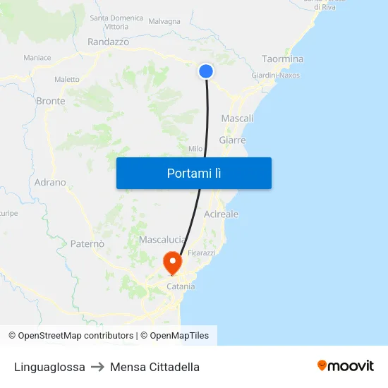 Linguaglossa to Mensa Cittadella map