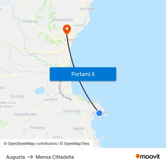 Augusta to Mensa Cittadella map