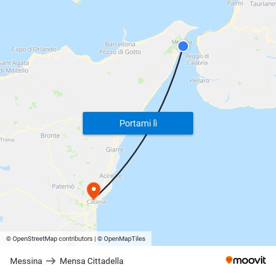 Messina to Mensa Cittadella map
