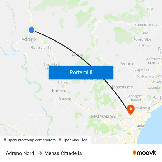 Adrano Nord to Mensa Cittadella map