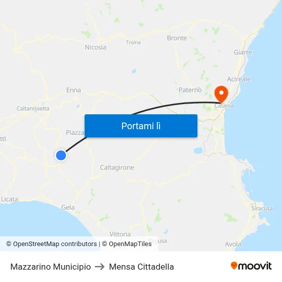 Mazzarino Municipio to Mensa Cittadella map
