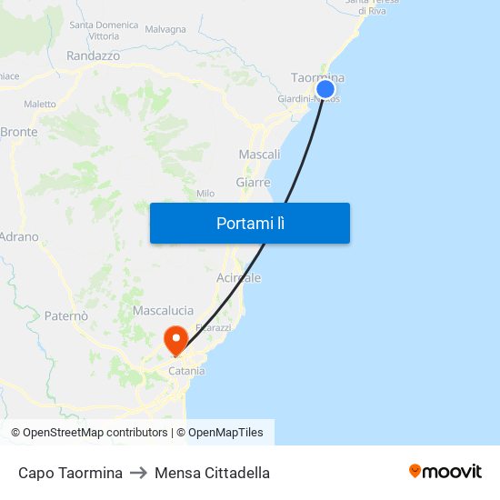 Capo Taormina to Mensa Cittadella map