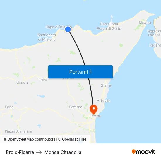 Brolo-Ficarra to Mensa Cittadella map