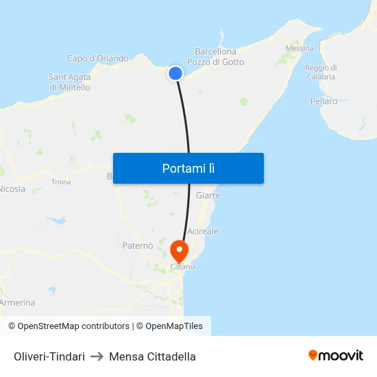 Oliveri-Tindari to Mensa Cittadella map