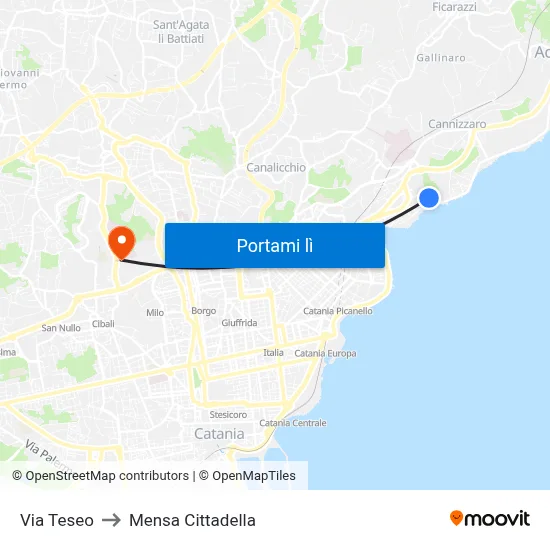 Via Teseo to Mensa Cittadella map