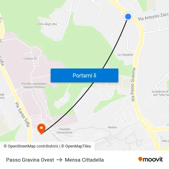Passo Gravina Ovest to Mensa Cittadella map