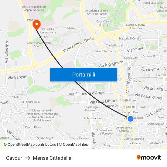 Cavour to Mensa Cittadella map