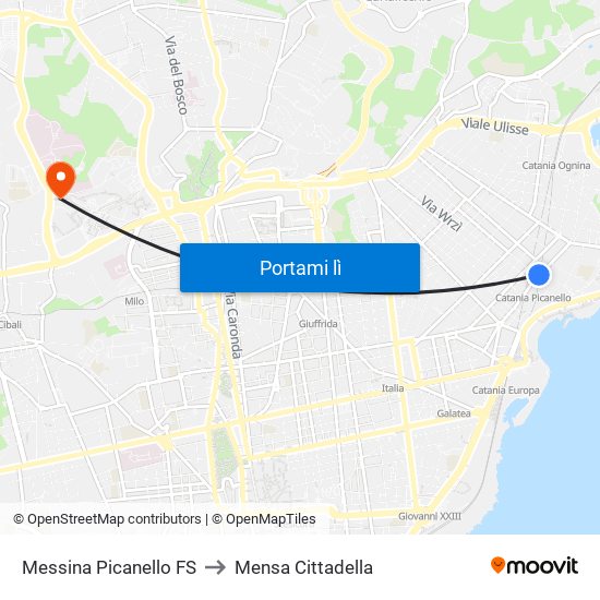Messina Picanello FS to Mensa Cittadella map