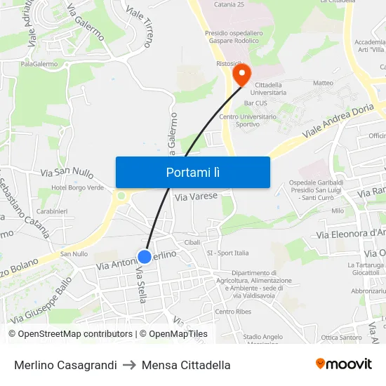 Merlino Casagrandi to Mensa Cittadella map