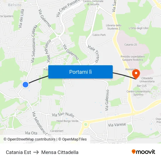 Catania Est to Mensa Cittadella map