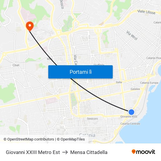 Giovanni XXIII Metro Est to Mensa Cittadella map