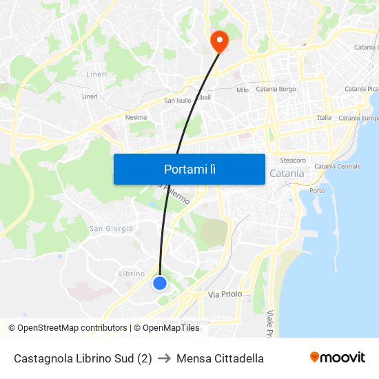 Castagnola Librino Sud (2) to Mensa Cittadella map