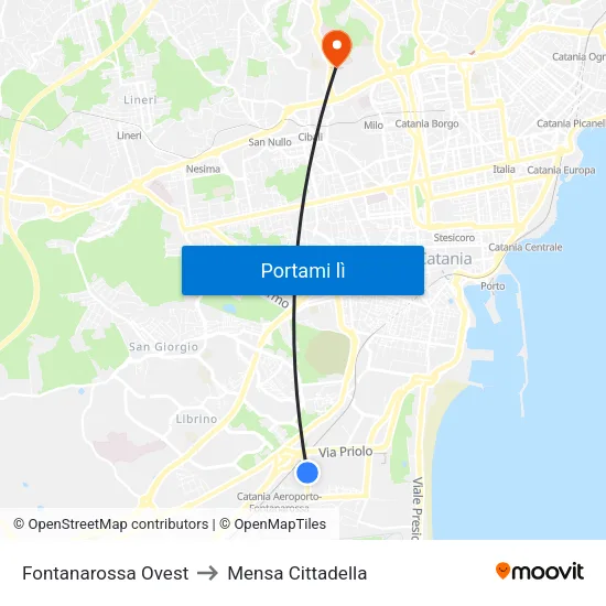 Fontanarossa Ovest to Mensa Cittadella map