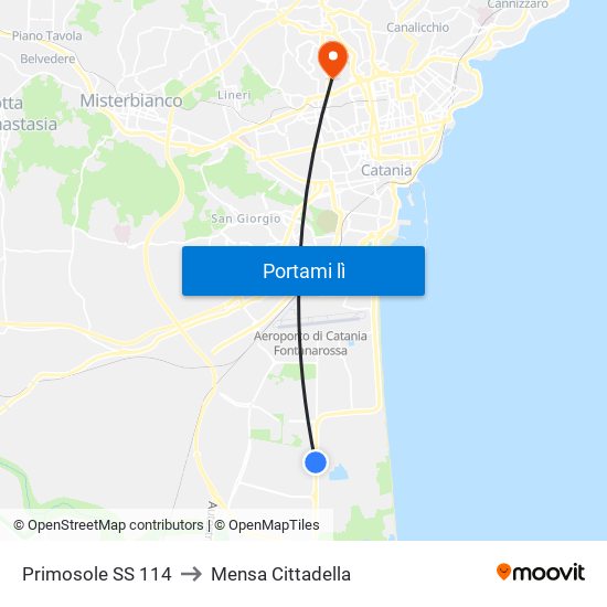 Primosole SS 114 to Mensa Cittadella map