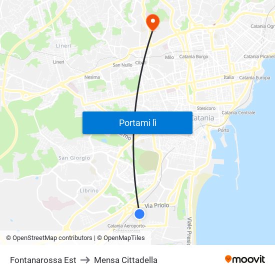 Fontanarossa Est to Mensa Cittadella map
