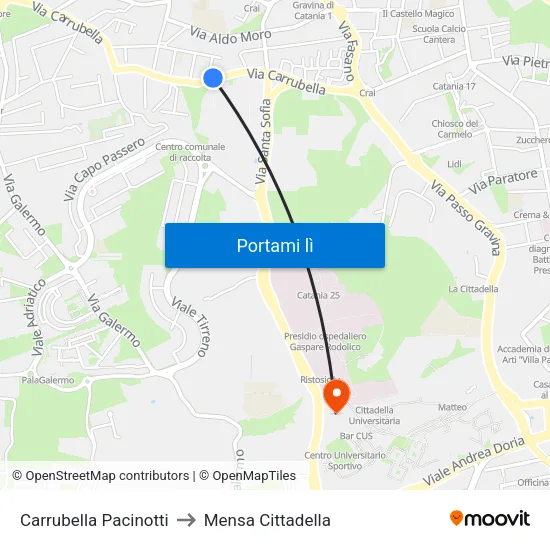 Carrubella Pacinotti to Mensa Cittadella map