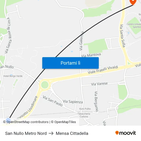 San Nullo Metro Nord to Mensa Cittadella map