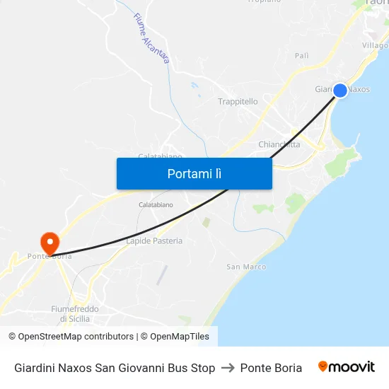 Giardini Naxos San Giovanni Bus Stop to Ponte Boria map