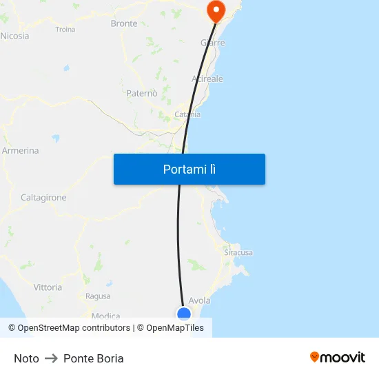 Noto to Ponte Boria map