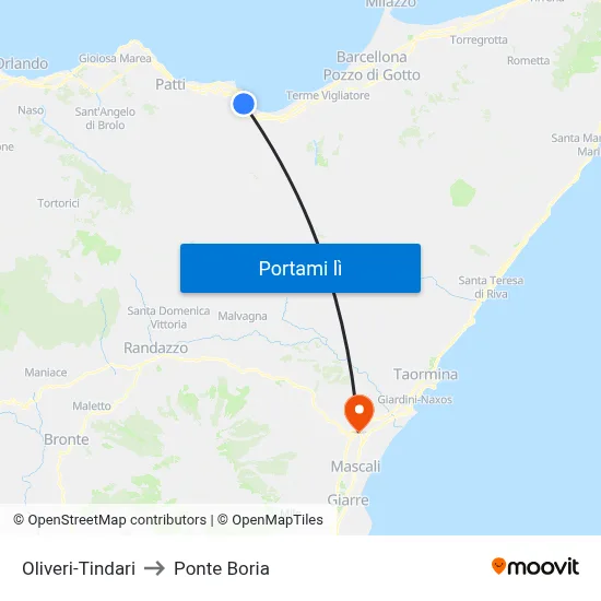 Oliveri-Tindari to Ponte Boria map