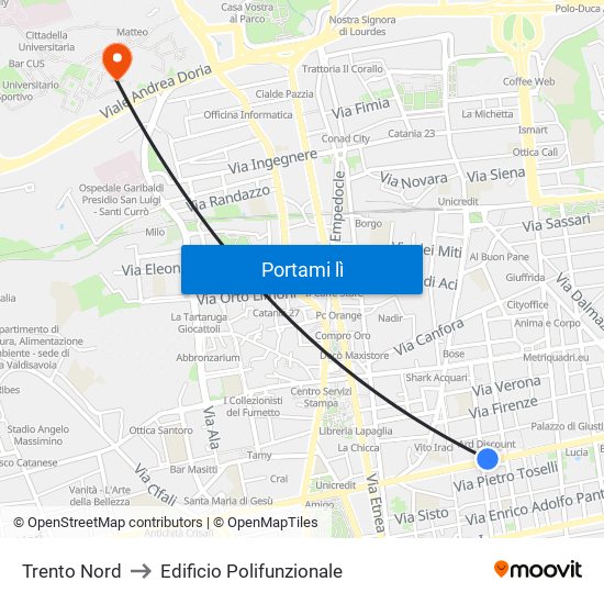 Trento Nord to Edificio Polifunzionale map