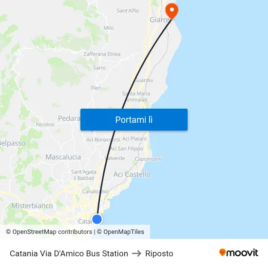 Catania Via D'Amico Bus Station to Riposto map