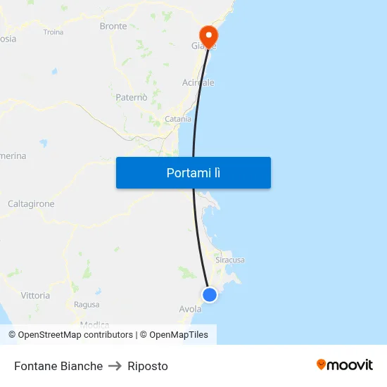 Fontane Bianche to Riposto map