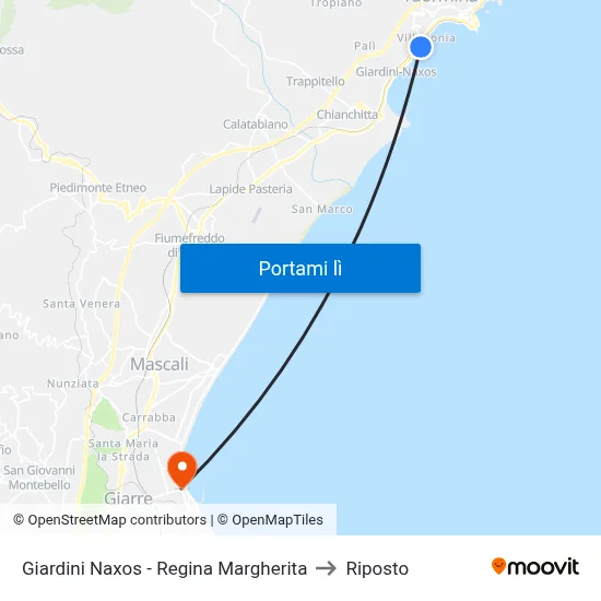 Giardini Naxos - Regina Margherita to Riposto map
