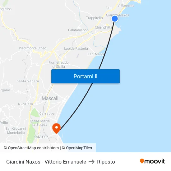 Giardini Naxos - Vittorio Emanuele to Riposto map