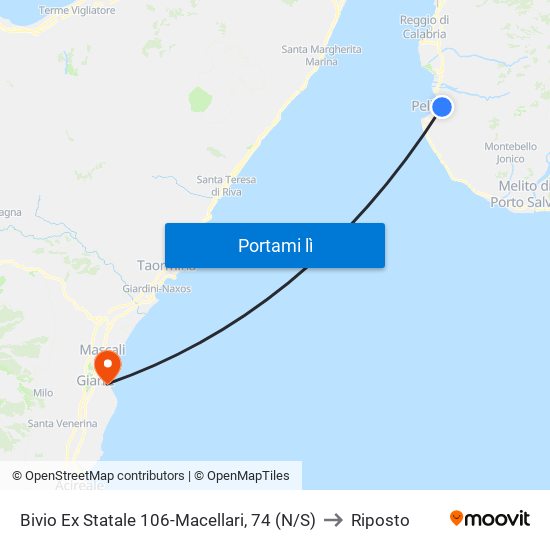 Bivio Ex Statale 106-Macellari, 74 (N/S) to Riposto map