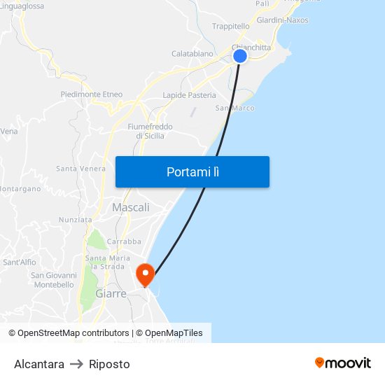 Alcantara to Riposto map