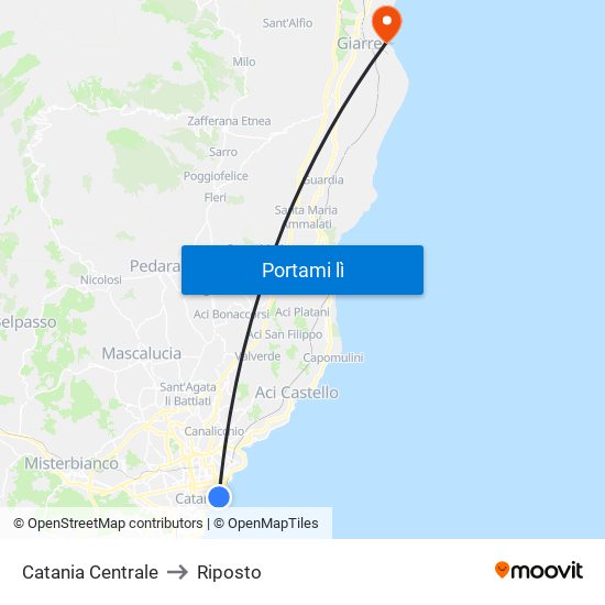 Catania Centrale to Riposto map