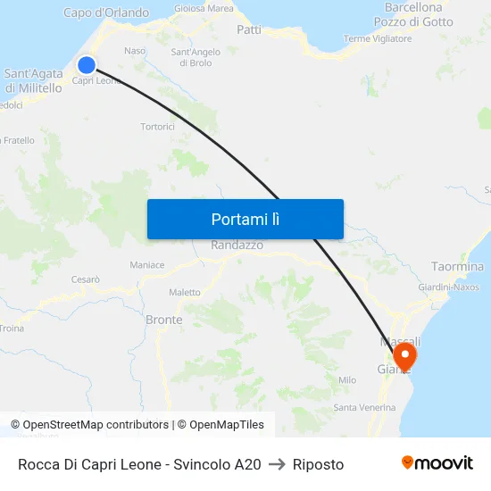 Rocca Di Capri Leone - Svincolo A20 to Riposto map