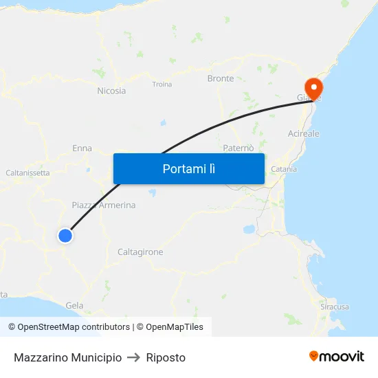 Mazzarino Municipio to Riposto map